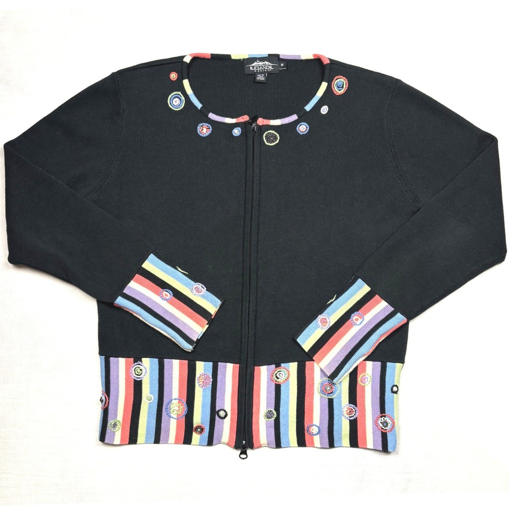 Icelandic Design Sweater M Womens Black Zip Cardigan Embroidered Stripe Atlandia